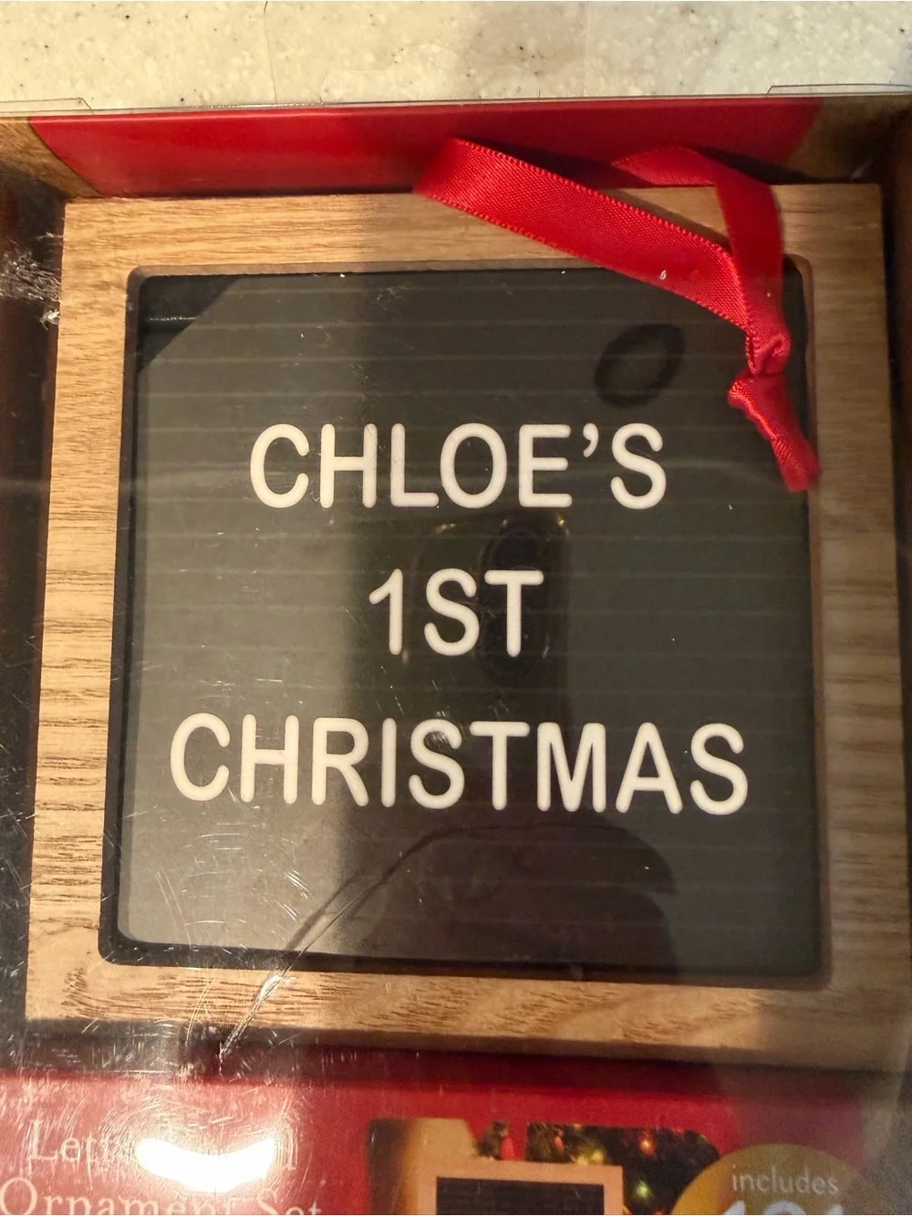 NEW Personalized Letterboard Ornament. Black & Wood, Red Ribbon. Christmas Decor
